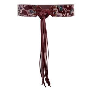 Floral Burgundy Belt with Tassels - Color European Floral Tapestry - XL
